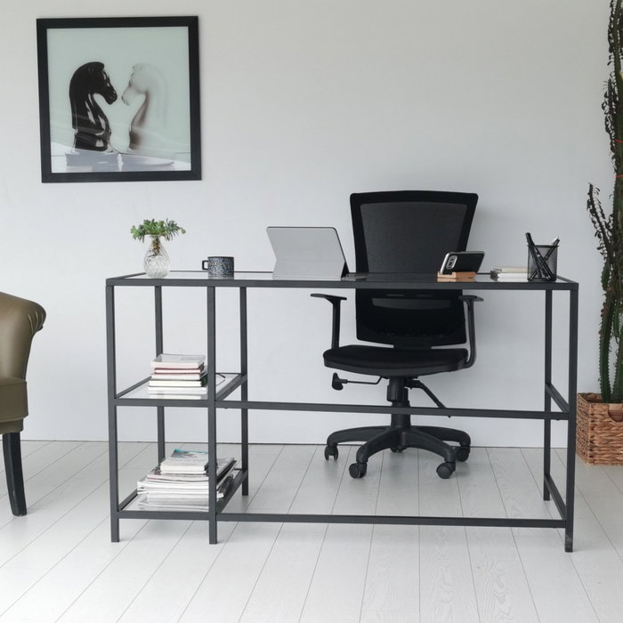 Hanah Home M101 Mesa de Estudio 130x60cm Cristal Templado y Metal Negro Diseño Moderno Industrial